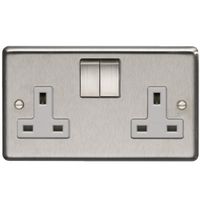 Show details for 13A Double Pole Switched Socket, 2 Gang, Satin Stainless Steel, White Trim, Stainless Steel Range