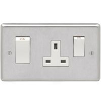 Show details for  45A Double Pole Switch and Socket, 2 Gang, Satin Stainless Steel, White Trim, Stainless Range