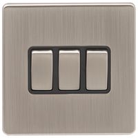Show details for  10A 3 Gang 2 Way Switch - Satin Nickel/Black