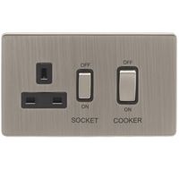 Show details for  45A Double Pole Cooker Switch with Socket, 2 Gang, Satin Nickel, Black Trim, Concealed 6mm Range