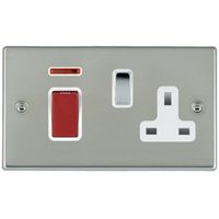 Show details for  45A Double Pole Socket with Switched Socket and Neon, 2 Gang, Bright Steel, White Trim, Red Rocker, Hartland Range