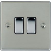 Show details for 10AX 2 Way Rocker Switch, 2 Gang, Bright Steel, Black Trim, Hartland Range
