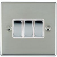 Show details for 10AX 2 Way Rocker Switch, 3 Gang, Bright Steel, White Trim, Hartland Range