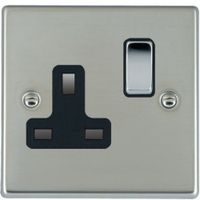 Show details for 13A Double Pole Switched Socket, 1 Gang, Bright Steel, Black Trim, Hartland Range