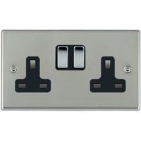 Show details for  13A Double Pole Switched Socket, 2 Gang, Bright Steel, Black Trim, Hartland Range