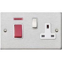 Show details for  45A Double Pole Socket with Switched Socket and Neon, 2 Gang, Satin Steel, White Trim, Red Rocker, Hartland Range
