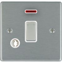 Show details for 20AX Double Pole Rocker and Neon / Cable Outlet, 1 Gang, Satin Steel, White