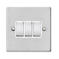 Show details for  10AX 2 Way Rocker Switch, 3 Gang, Satin Steel, White