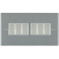 Show details for 10AX 2 Way Rocker Switch, 6 Gang, Satin Steel, White Trim, Hartland Range