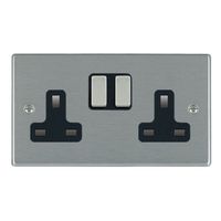 Show details for  13A Double Pole Switched Socket, 2 Gang, Satin Steel, Black