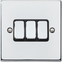 Show details for 10AX 2 Way Rocker Switch, 3 Gang, Bright Chrome, Black Trim, Hartland Range