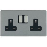 Show details for 13A Double Pole Switched Socket, 2 Gang, Satin Steel, Black Trim, Hartland CFX Range