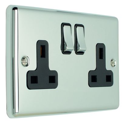 13A 2 Gang Switched Socket with USB - Polished Chrome/Black