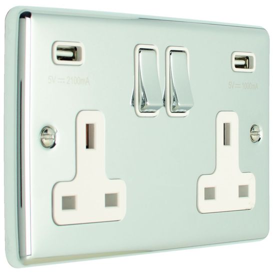 13A 2 Gang Switched Socket with USB Polished Chrome/White
