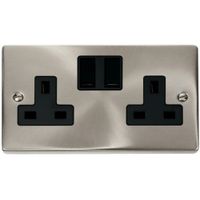 Show details for 13A Double Pole Switched Socket, 2 Gang, Satin Chrome, Black Trim, Deco Range
