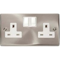 Show details for 13A Double Pole Switched Socket, 2 Gang, Satin Chrome, White Trim, Deco Range