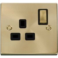 Show details for  Deco Square Corner Satin Brass 13A 1 Gang DP Switched Socket - Black Interior