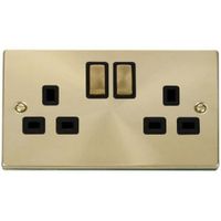 Show details for  Deco Square Corner Satin Brass 13A 2 Gang DP Switched Socket - Black Interior