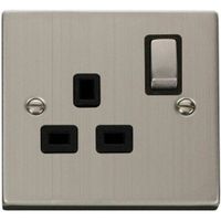 Show details for 13A Double Pole Switched Socket, 1 Gang, Stainless Steel, Black Trim, Deco Range