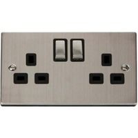Show details for 13A Double Pole Switched Socket, 2 Gang, Stainless Steel, Black Trim, Deco Range