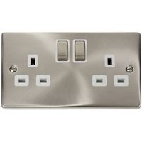 Show details for  13A Double Pole Switched Socket, 2 Gang, Satin Chrome, White Trim, Deco Range