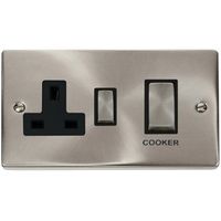Show details for  45A Double Pole Cooker Switch with  Switched Socket, 2 Gang, Satin Chrome, Black Trim, Deco Range
