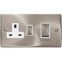 Show details for  45A Double Pole Cooker Switch with  Switched Socket, 2 Gang, Satin Chrome, White Trim, Deco Range