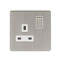 Show details for  Screwless 13A 1 Gang DP Switched Socket - Satin Nickel/White