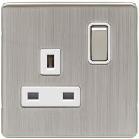 Show details for  13A Double Pole Switched Socket, 1 Gang, Satin Nickel, White Trim, Concealed 6mm Range
