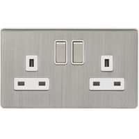 Show details for  13A Double Pole Switched Socket, 2 Gang, Satin Nickel, White Trim, Concealed 6mm Range