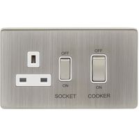 Show details for  45A Double Pole Cooker Switch with Socket, 2 Gang, Satin Nickel, White Trim, Concealed 6mm Range